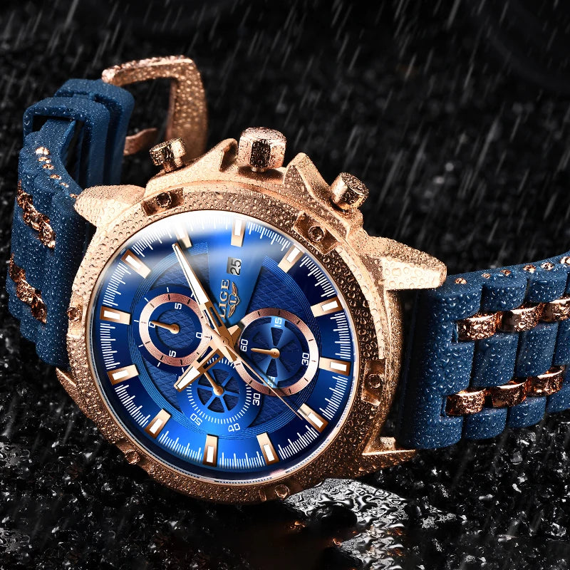 LIGE Mens Watches Brand Luxury Dial Clock Male Fashion Silicone Waterproof Quartz Gold Watch Men Sport Chronograph Montre Homme