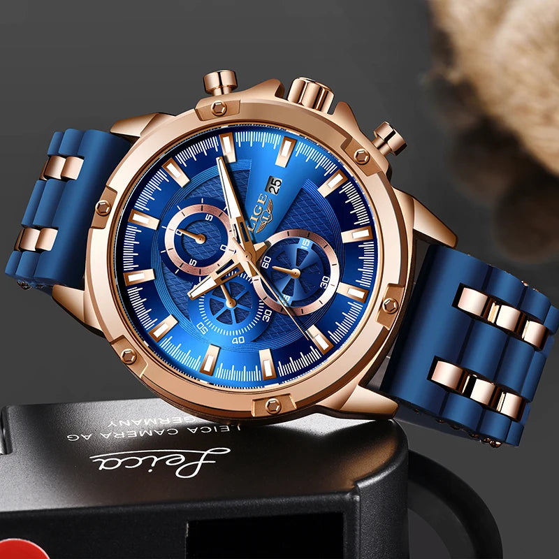 LIGE Mens Watches Brand Luxury Dial Clock Male Fashion Silicone Waterproof Quartz Gold Watch Men Sport Chronograph Montre Homme