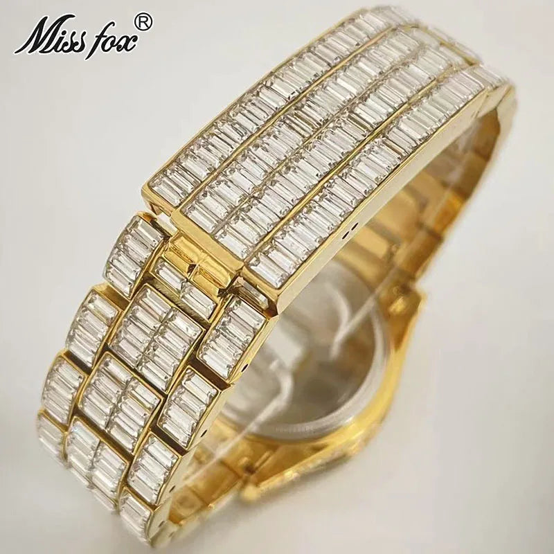 Fashion Brand MISSFOX Luxury 18K Gold Watch For Men Iced Out Waterproof Wrist Watches Full Diamond Clocks Male Gift Reloj Hombre