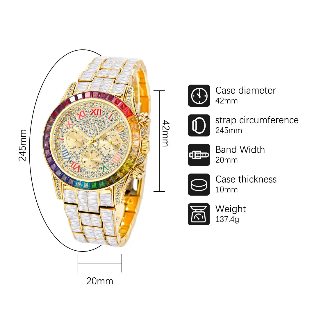 Fashion Brand MISSFOX Luxury 18K Gold Watch For Men Iced Out Waterproof Wrist Watches Full Diamond Clocks Male Gift Reloj Hombre
