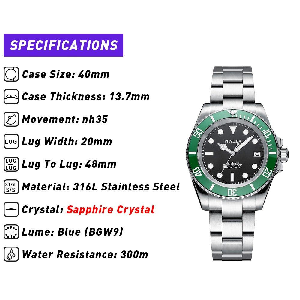 40mm Men's Diver Watch Automatic nh35 Movement Sapphire Crystal Green